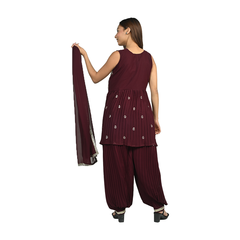 Wine Georgette Sequin Embroidery Kurta Set