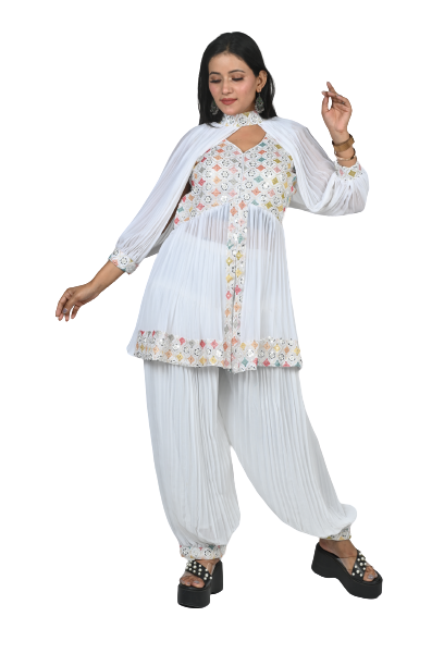 White Elegance Georgette Sequin and Thread Embroidery Pleated Kurti Set