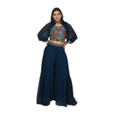 Navy Elegance Navy Blue Georgette Sequin, Thread, and Bead Work Geometric Pattern Choli and Flared Pants Set