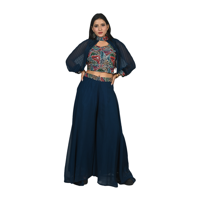 Navy Elegance Navy Blue Georgette Sequin, Thread, and Bead Work Geometric Pattern Choli and Flared Pants Set