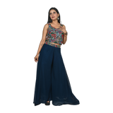 Navy Elegance Navy Blue Georgette Sequin, Thread, and Bead Work Geometric Pattern Choli and Flared Pants Set