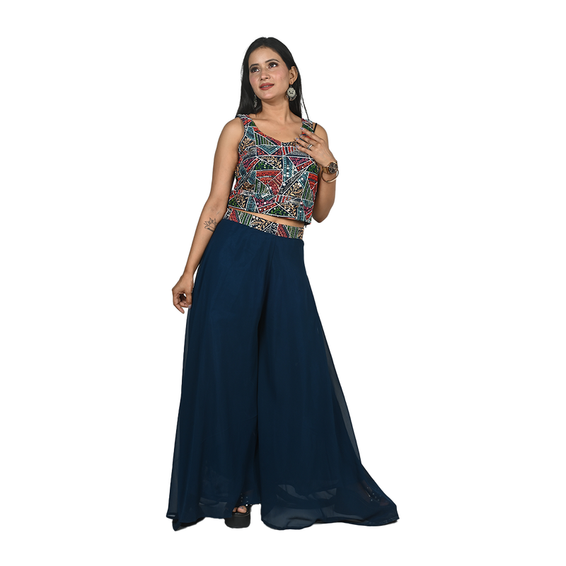 Navy Elegance Navy Blue Georgette Sequin, Thread, and Bead Work Geometric Pattern Choli and Flared Pants Set