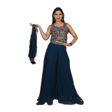 Navy Elegance Navy Blue Georgette Sequin, Thread, and Bead Work Geometric Pattern Choli and Flared Pants Set