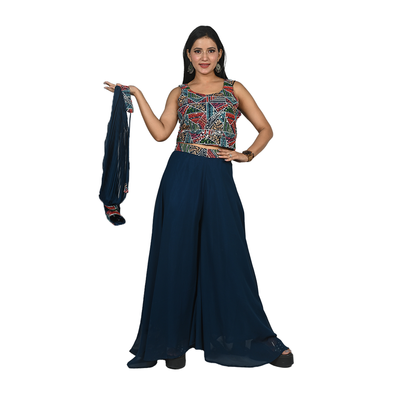 Navy Elegance Navy Blue Georgette Sequin, Thread, and Bead Work Geometric Pattern Choli and Flared Pants Set