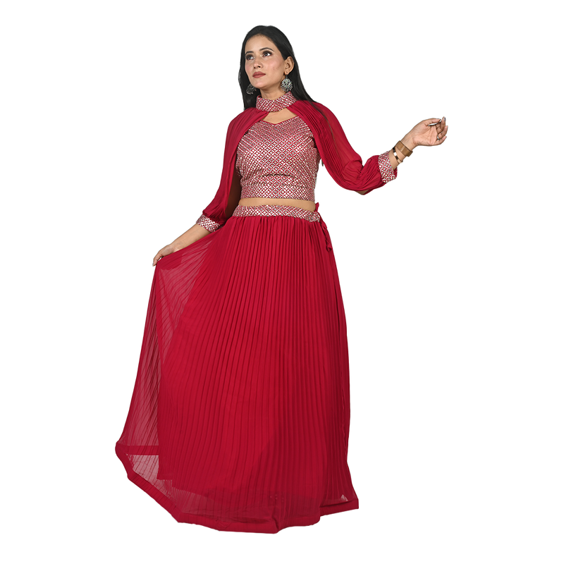 Scarlet Elegance Cherry Red Georgette Sequin Embroidery Choli and Lehenga Set