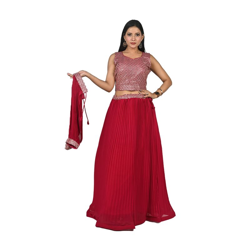 Scarlet Elegance Cherry Red Georgette Sequin Embroidery Choli and Lehenga Set