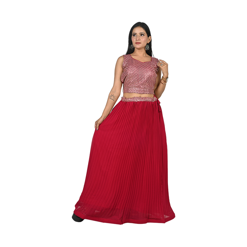 Scarlet Elegance Cherry Red Georgette Sequin Embroidery Choli and Lehenga Set