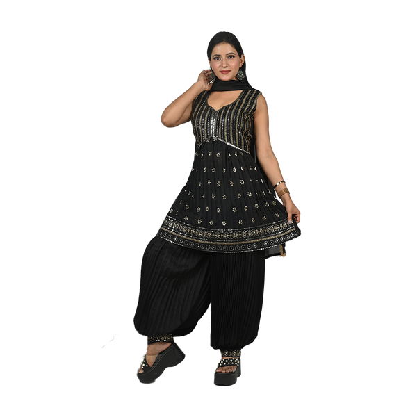 Noir Elegance Black Georgette Sequin and Zari Embroidery Pleated Kurti Set