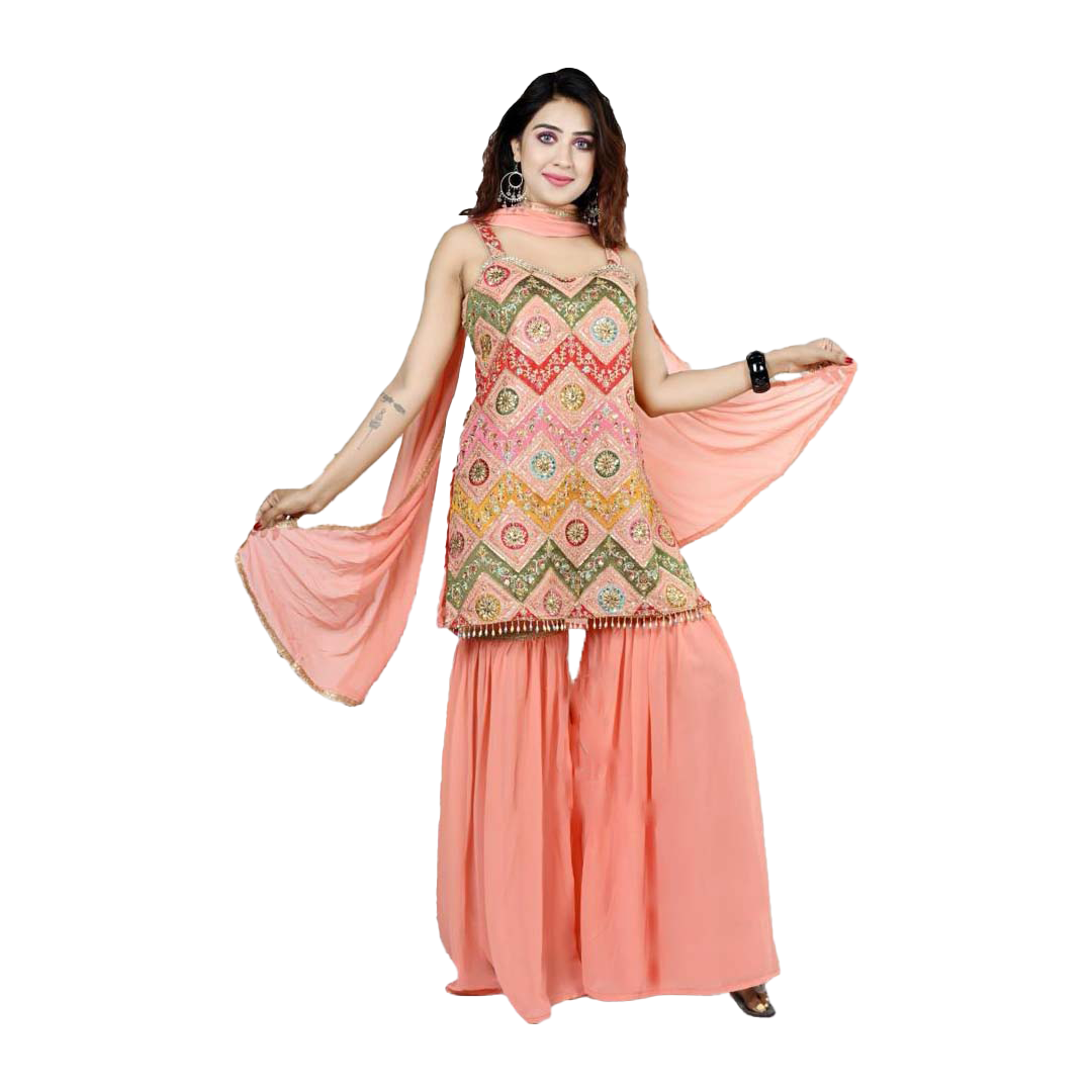 Peach Embroidered Sharara Suit Que Papa