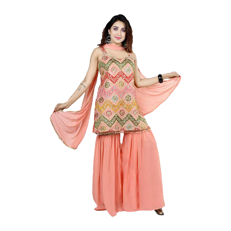 Peach Embroidered Sharara Suit