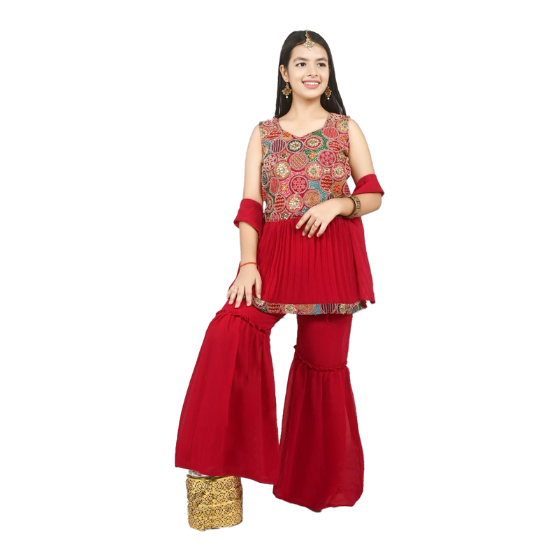 Scarlet Blossom Embroidered Sharara Set