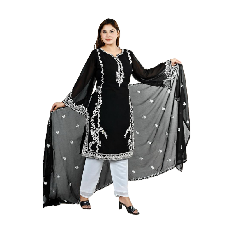 Ebony Elegance Embroidered Black and White Suit