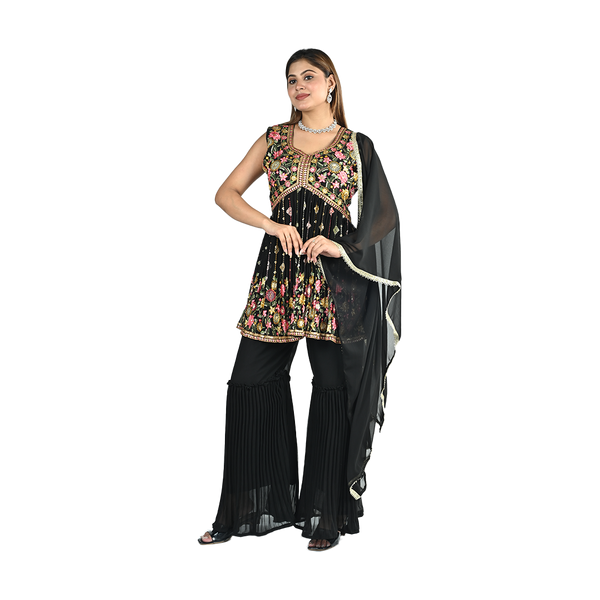 Midnight Gold Thread Embroidered Sharara Set