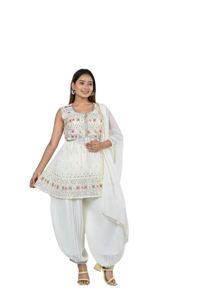 White Georgette Sequin and Floral Embroidery Kurti Set