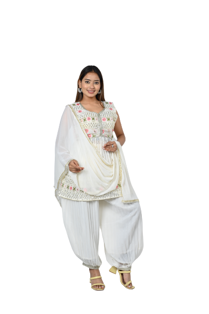 White Georgette Sequin and Floral Embroidery Kurti Set